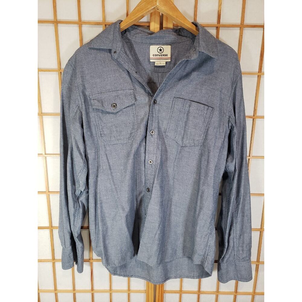 Converse Shirt Mens Button Up Long Sleeve Blue/Gray - Size Medium
